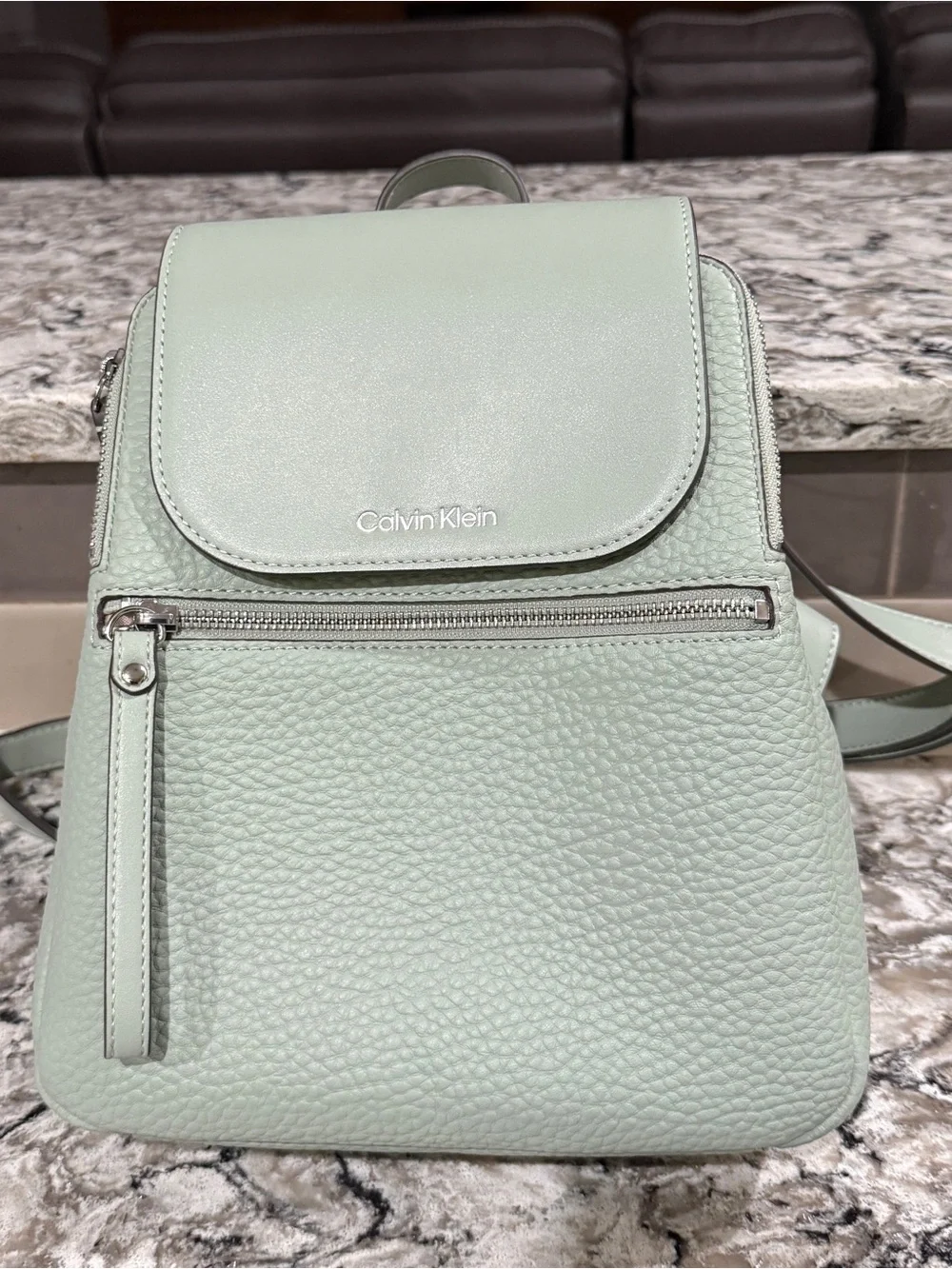 Calvin Klein Soft Mint Pebbled Leather Backpack. New without tags.